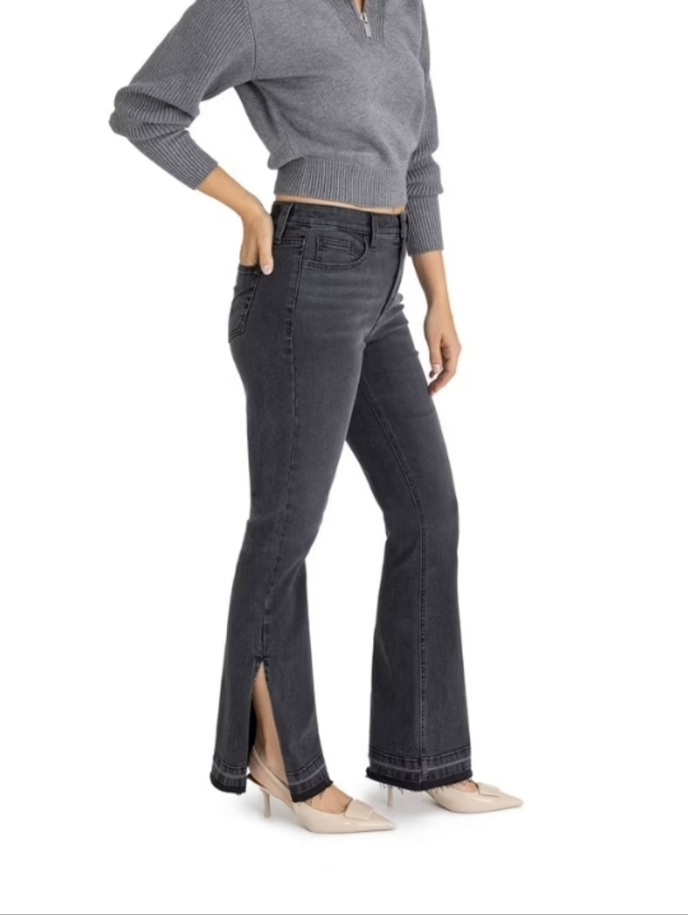 Jordache Womens Black Washed Split Hem Boot Cut jeans Sz 6 Mid Rise